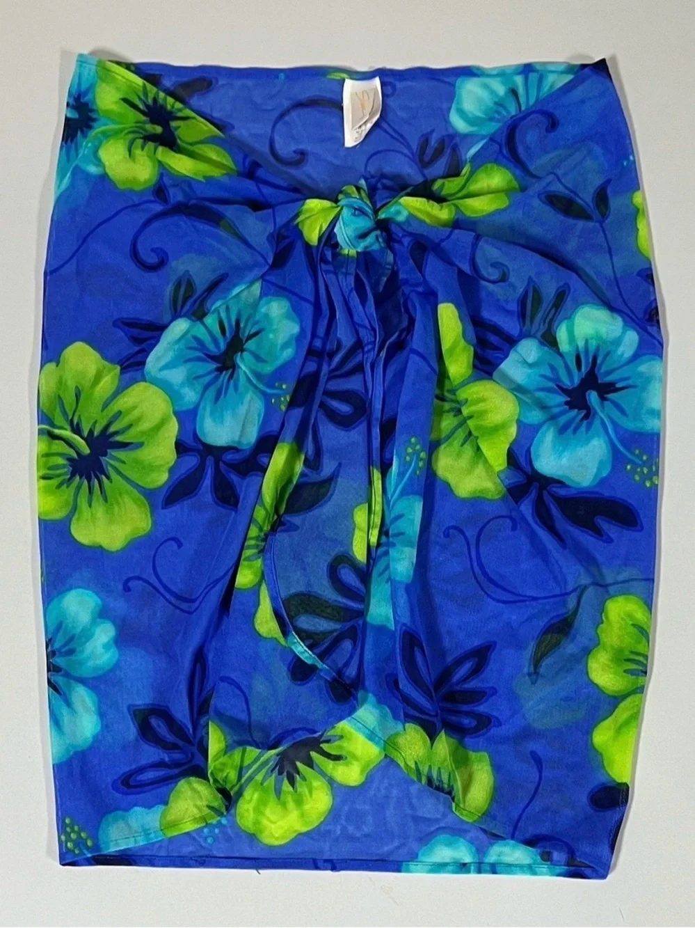 Blue Neon Tropical Hibiscus Floral Beach Swim Coverup Sarong Mini Skirt O/S 💚💙✨